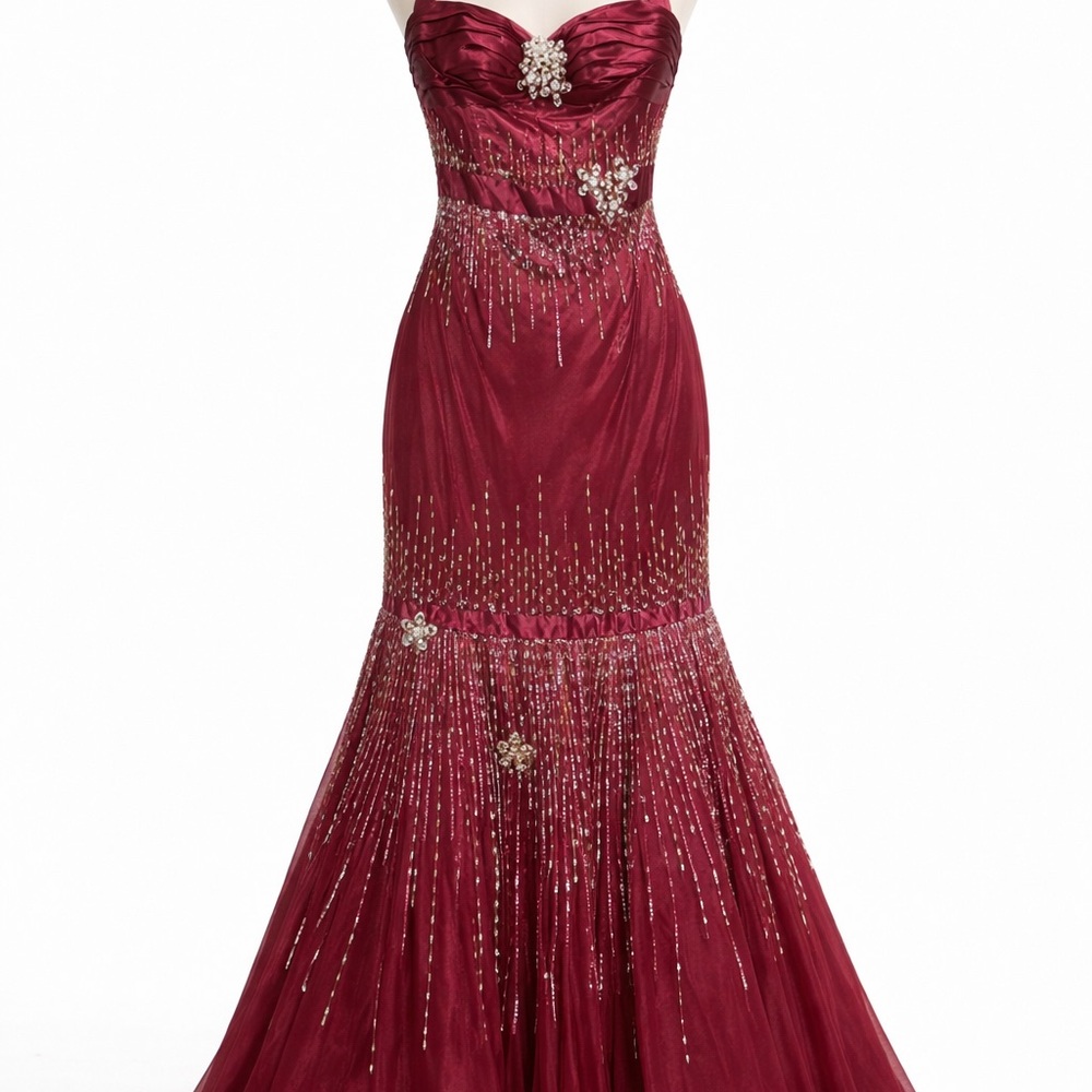 Sherry couture vintage Burgundy Strapless Prom Dress with Embellishments sz 16